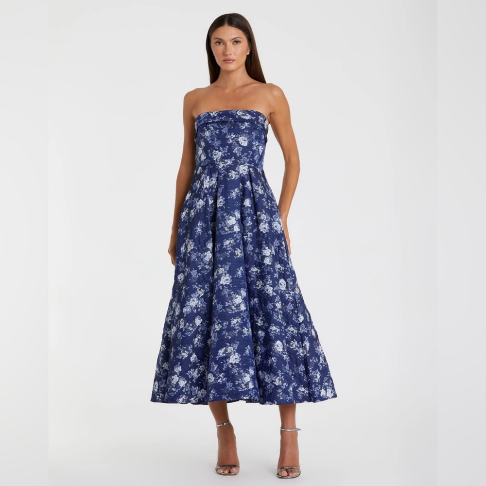 Mac Duggal Blue and White Strapless Dress